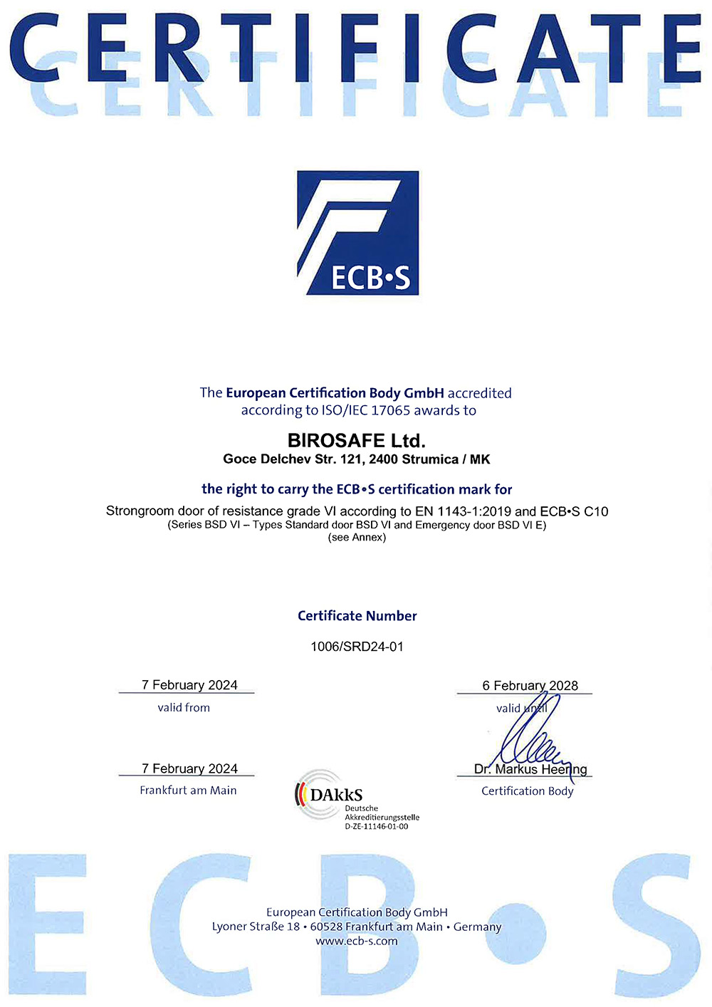 ECB-S Certification for Strongroom doors of resistance grade VI